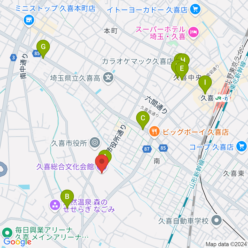 久喜総合文化会館周辺のカフェ一覧地図