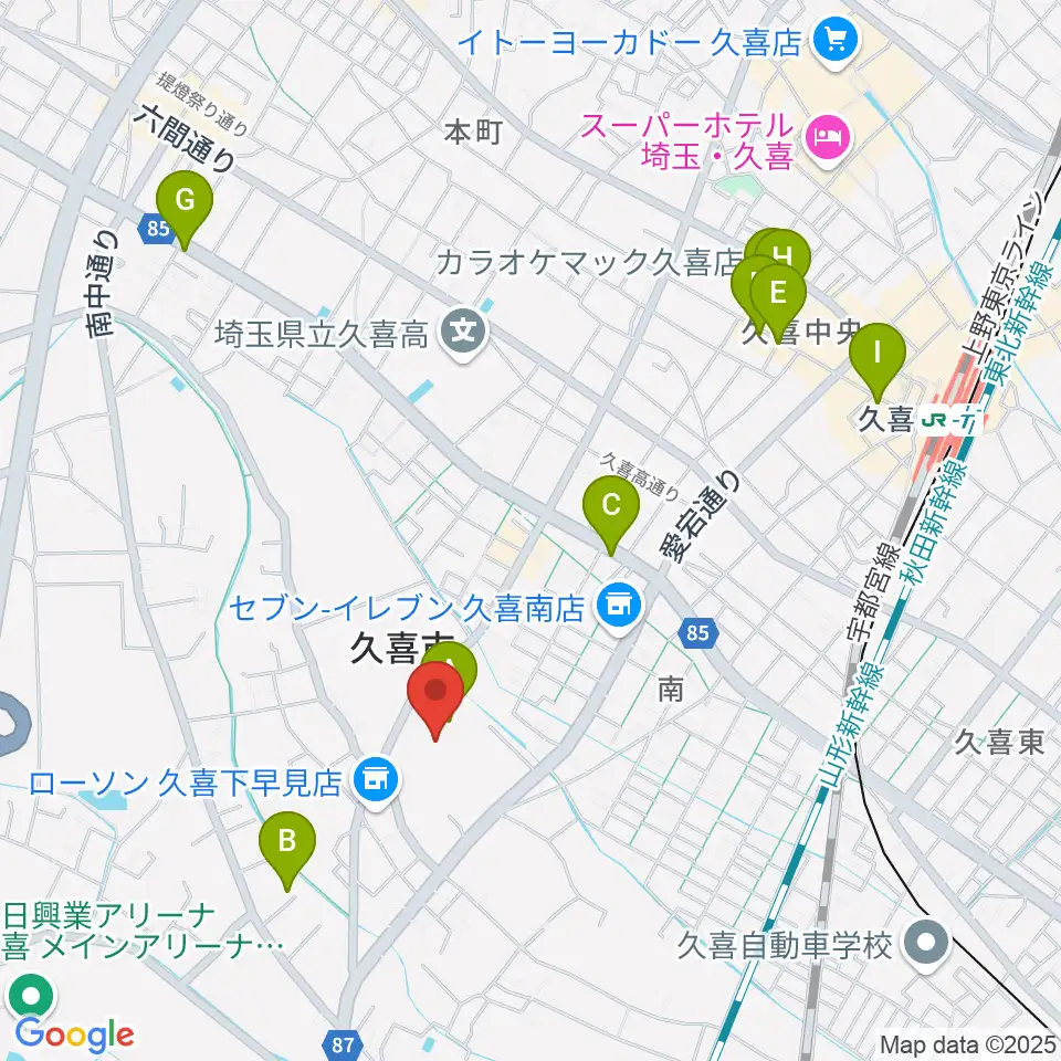 久喜総合文化会館周辺のカフェ一覧地図