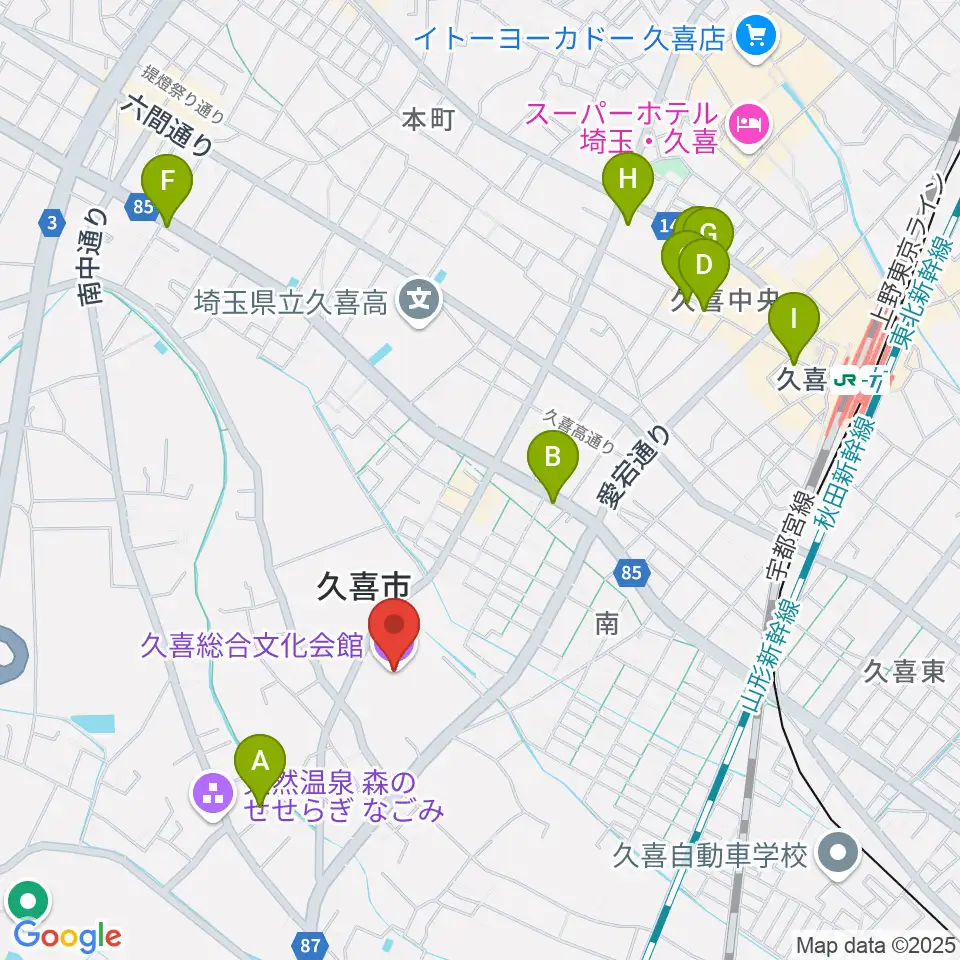 久喜総合文化会館周辺のカフェ一覧地図