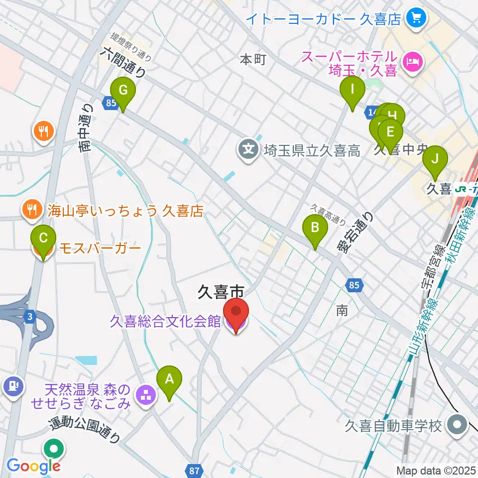 久喜総合文化会館周辺のカフェ一覧地図