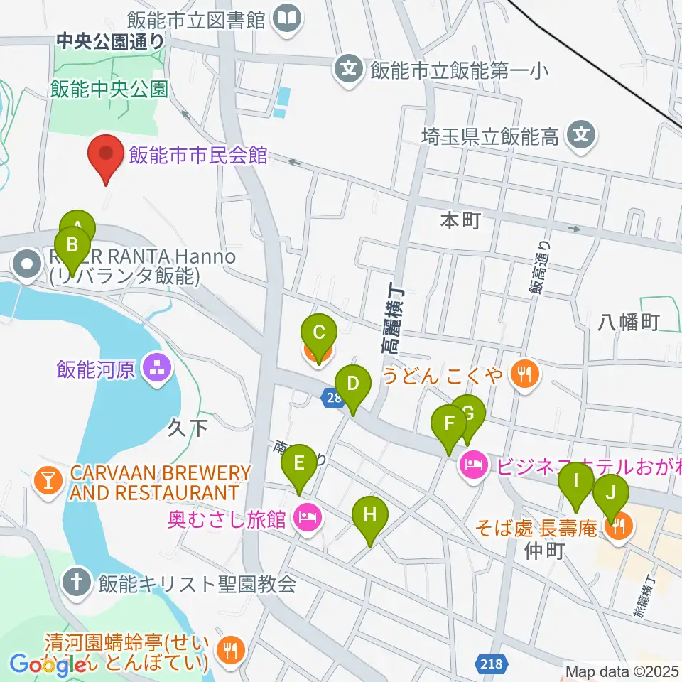 飯能市市民会館周辺のカフェ一覧地図