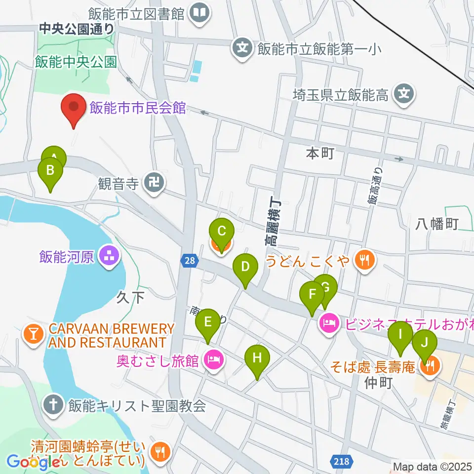 飯能市市民会館周辺のカフェ一覧地図
