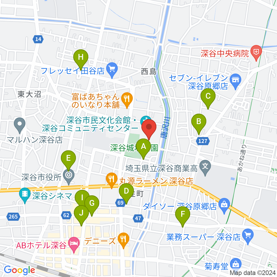 深谷市民文化会館周辺のカフェ一覧地図