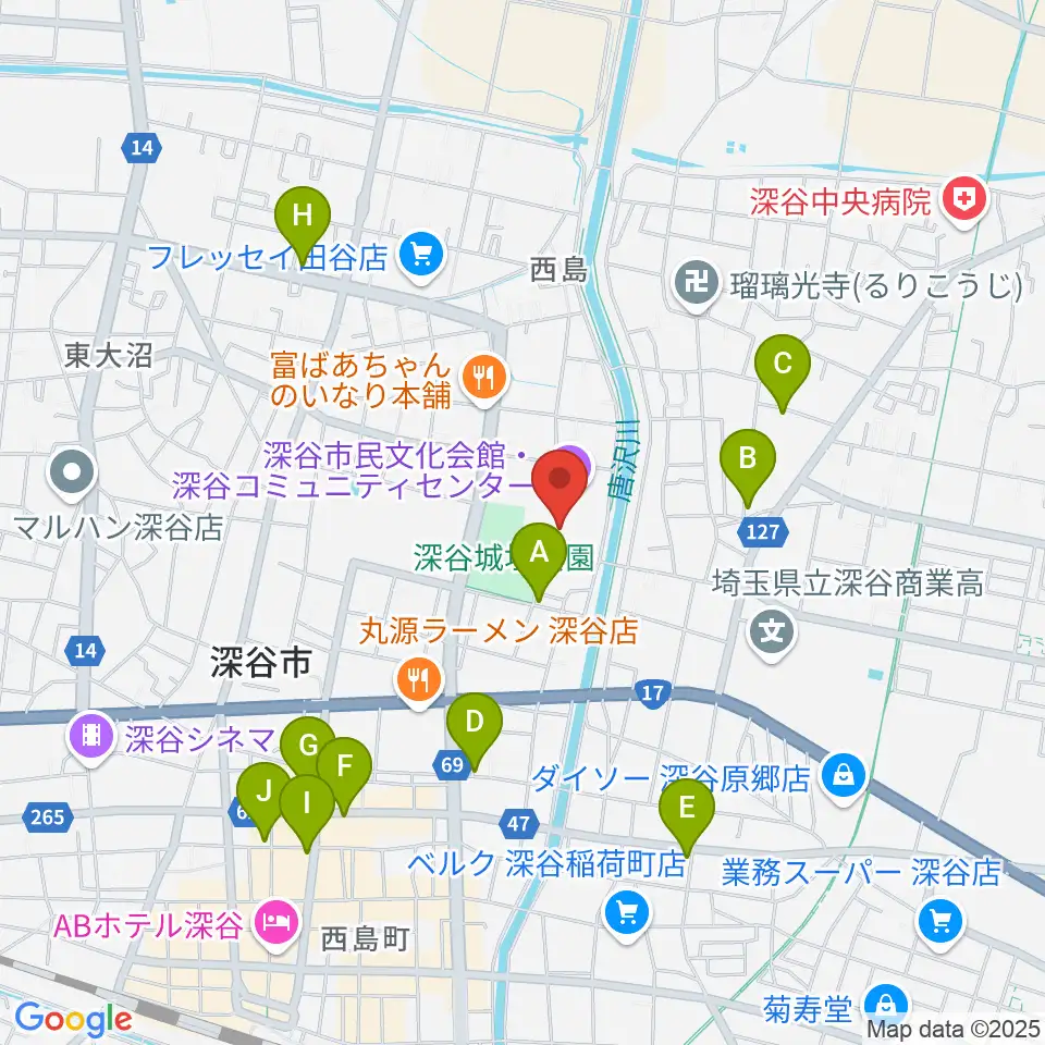 深谷市民文化会館周辺のカフェ一覧地図