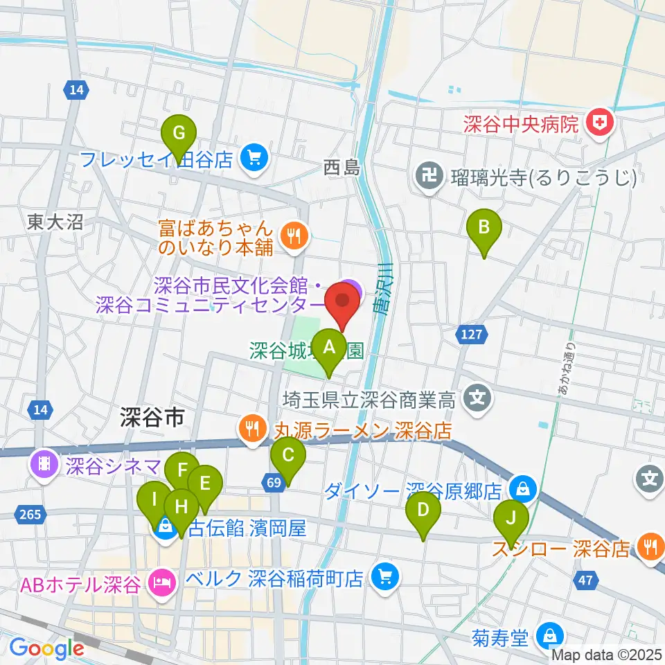 深谷市民文化会館周辺のカフェ一覧地図
