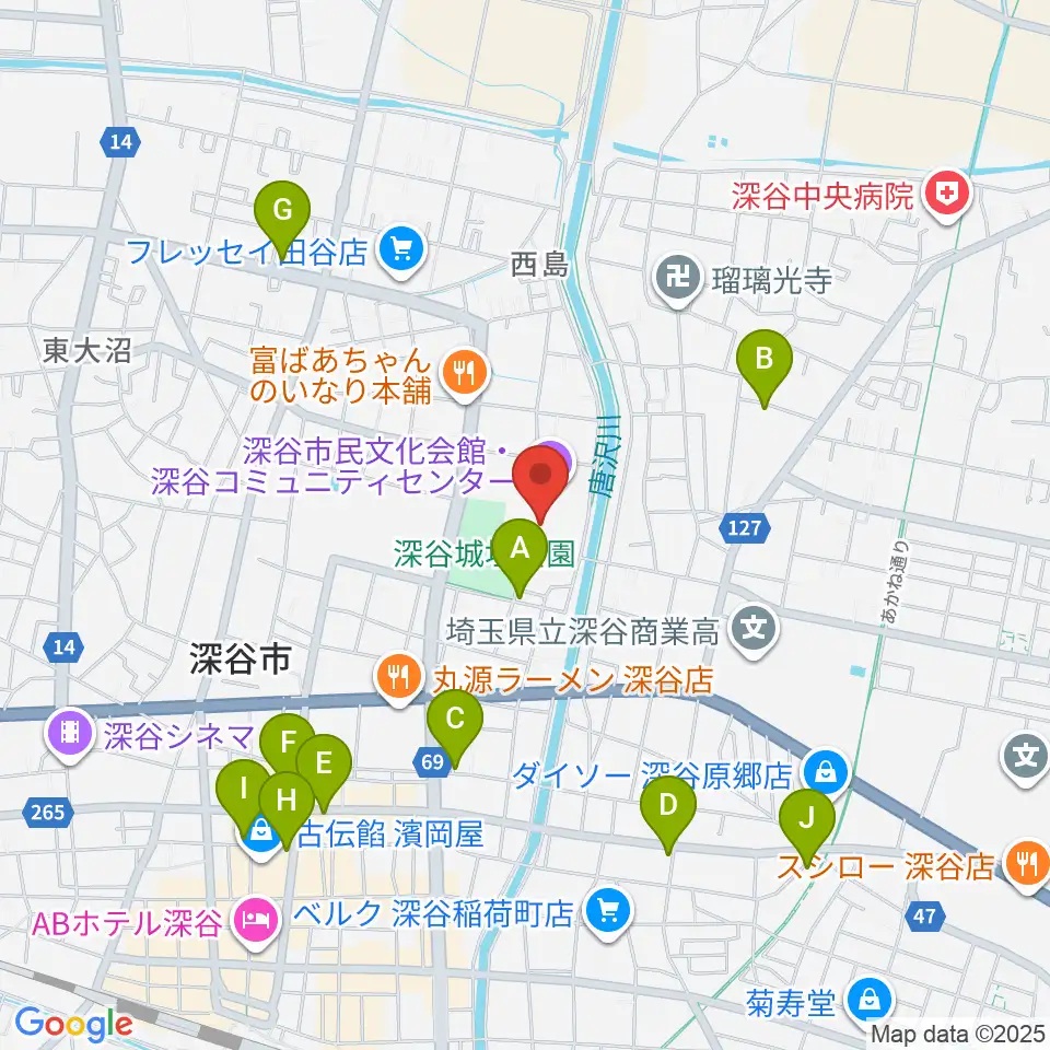 深谷市民文化会館周辺のカフェ一覧地図