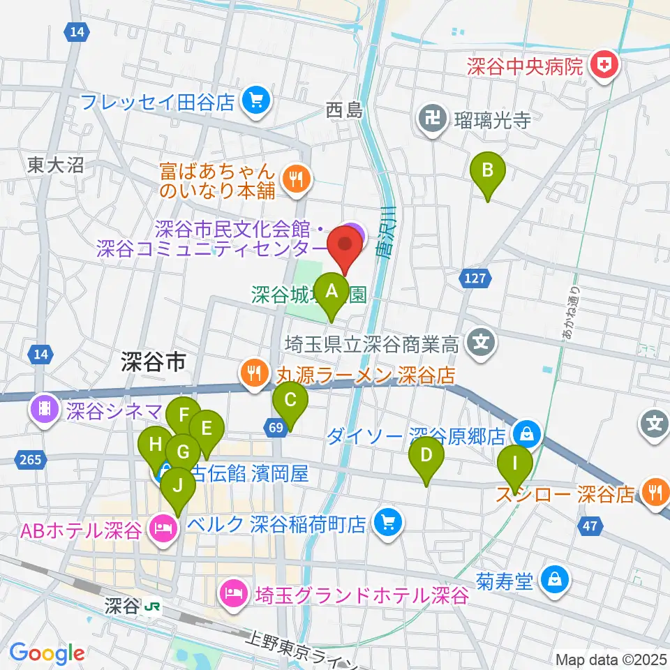 深谷市民文化会館周辺のカフェ一覧地図