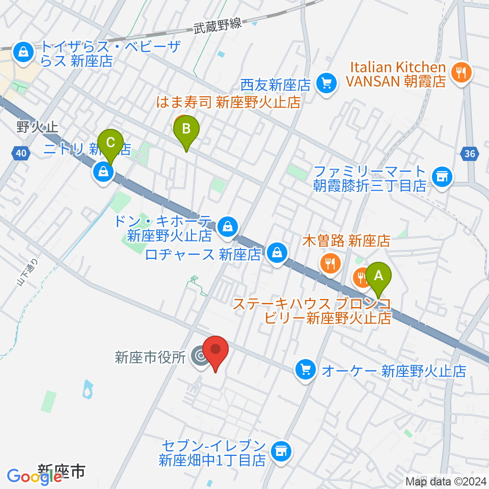 新座市民会館周辺のカフェ一覧地図