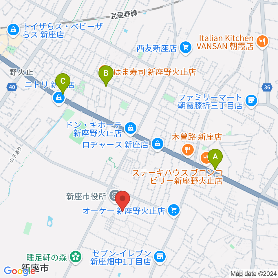 新座市民会館周辺のカフェ一覧地図