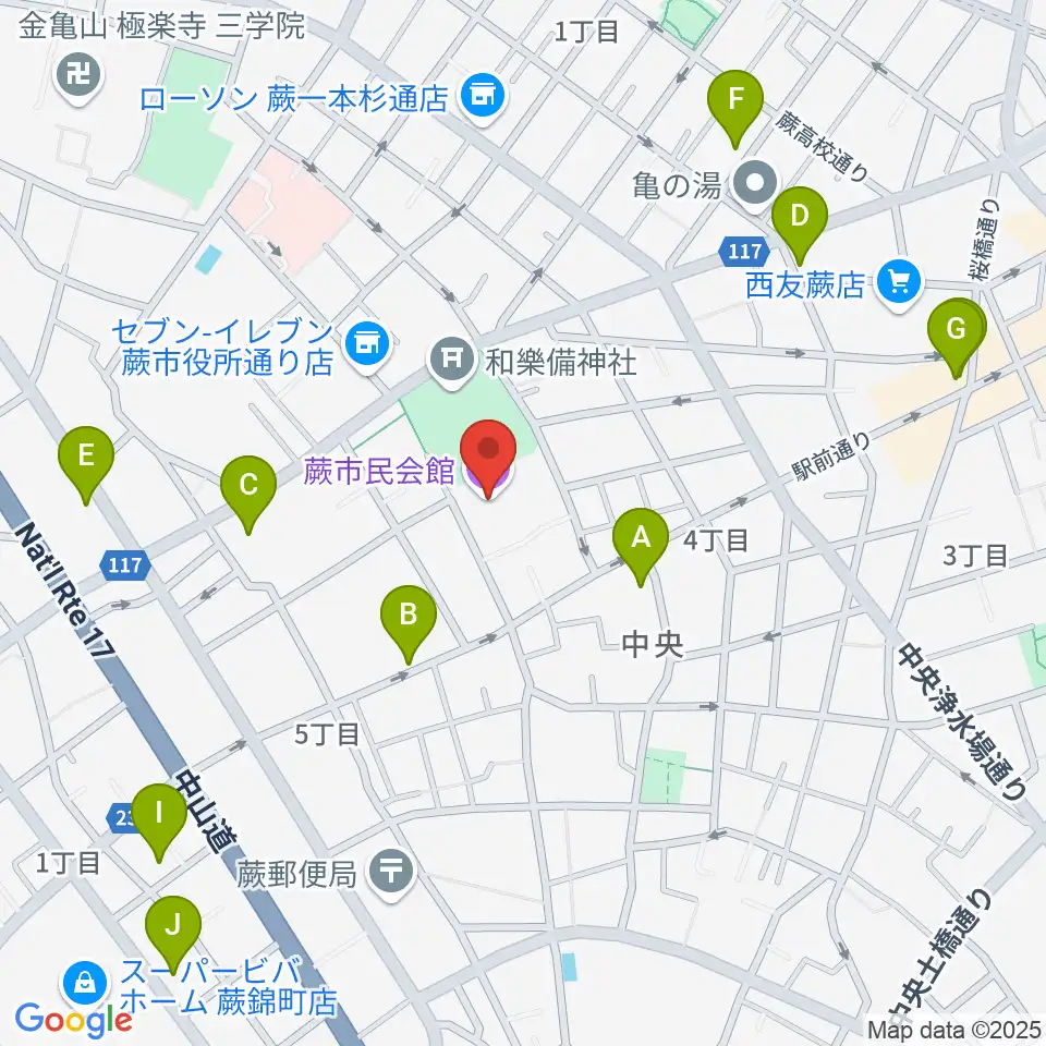 蕨市民会館周辺のカフェ一覧地図