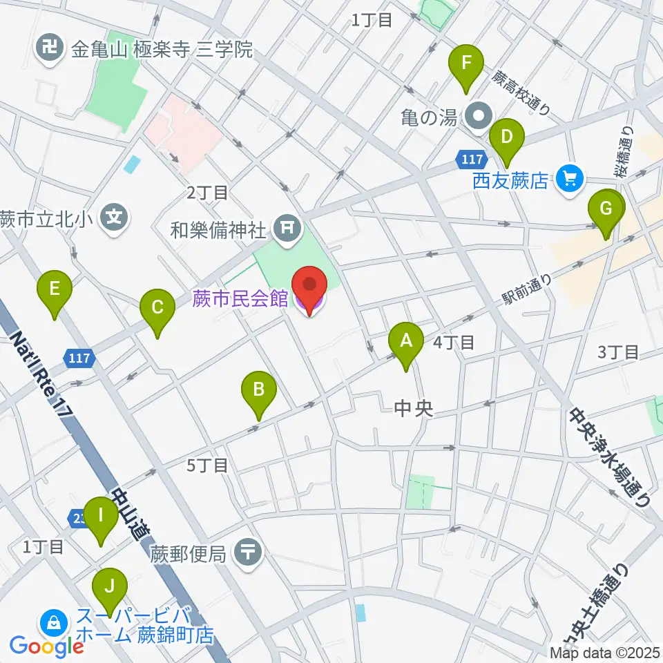 蕨市民会館周辺のカフェ一覧地図