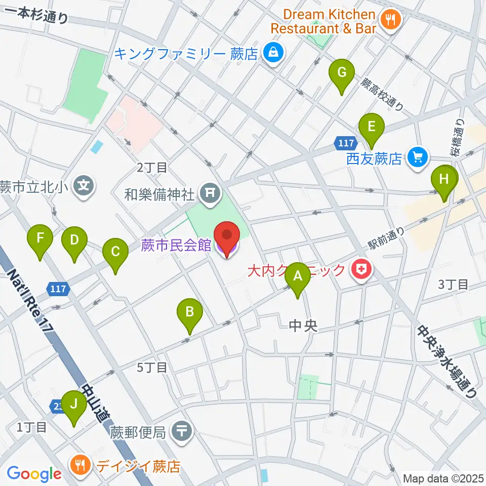 蕨市民会館周辺のカフェ一覧地図
