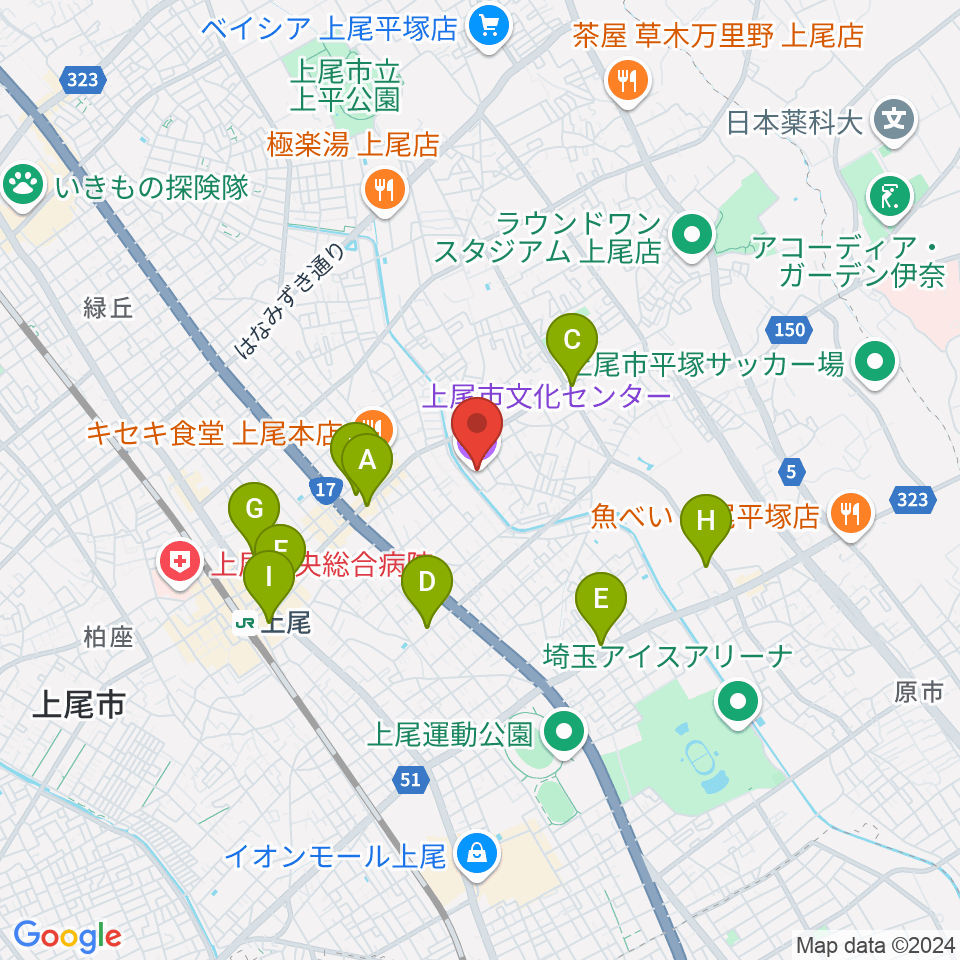 あげお富士住建ホール周辺のカフェ一覧地図