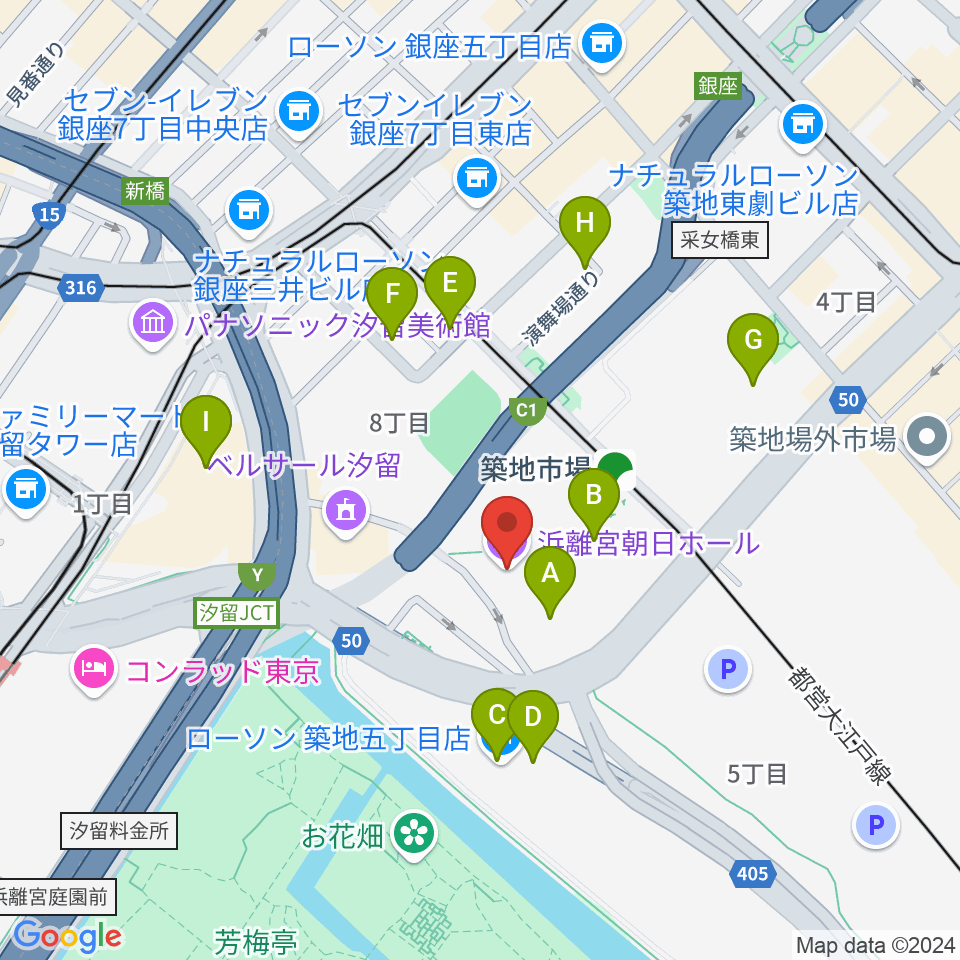 浜離宮朝日ホール周辺のカフェ一覧地図