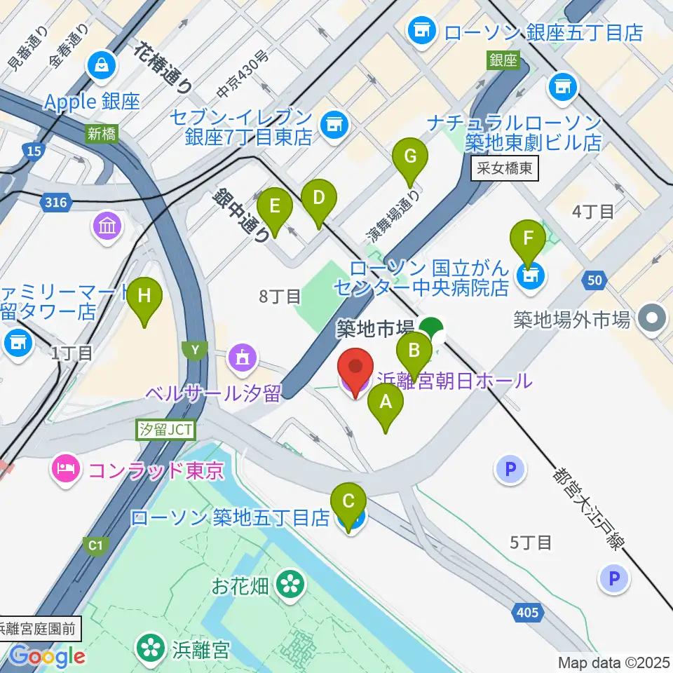 浜離宮朝日ホール周辺のカフェ一覧地図