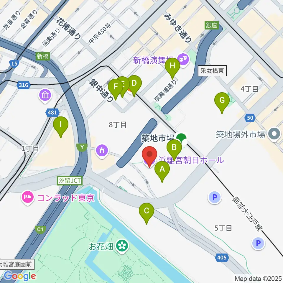 浜離宮朝日ホール周辺のカフェ一覧地図