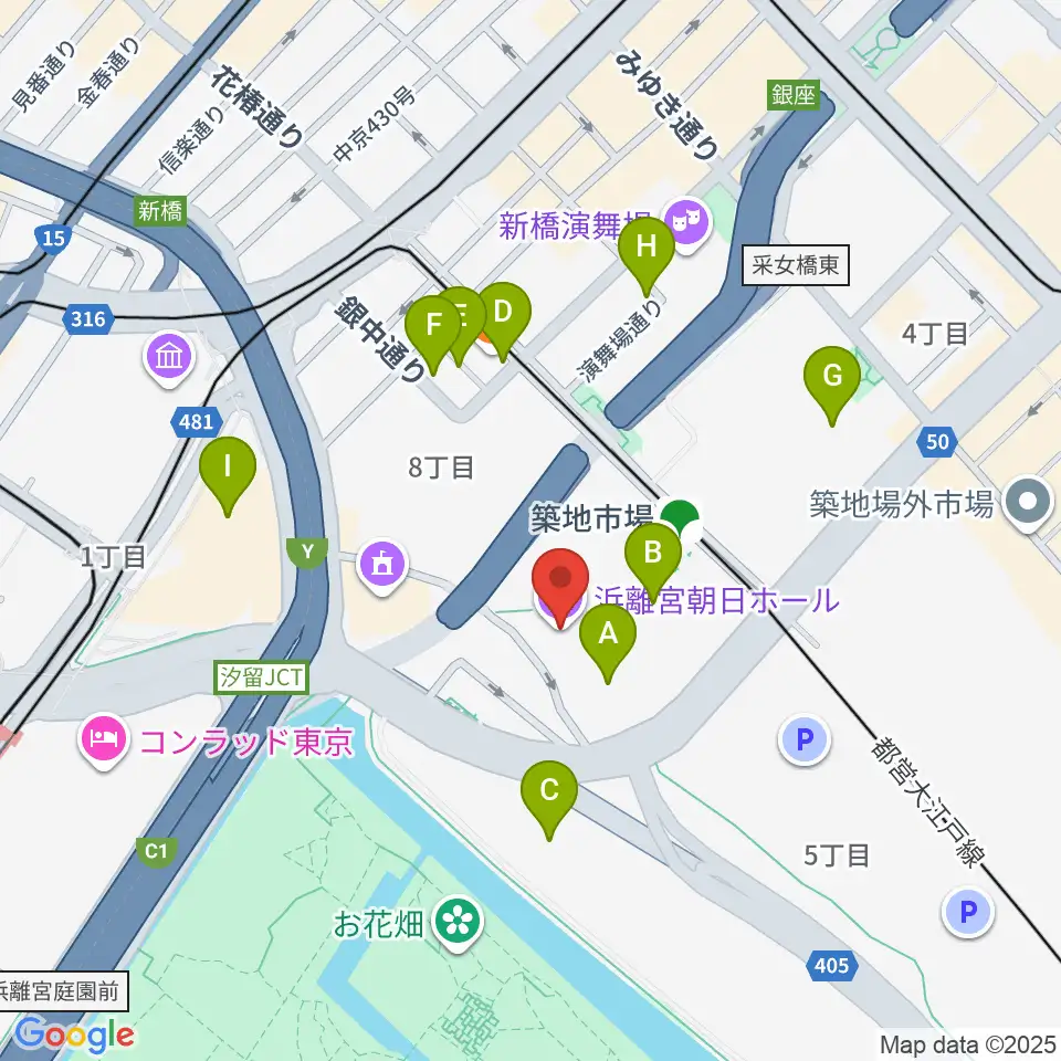 浜離宮朝日ホール周辺のカフェ一覧地図