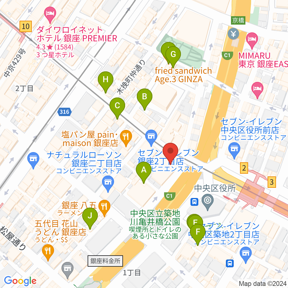 銀座ブロッサム 中央会館周辺のカフェ一覧地図