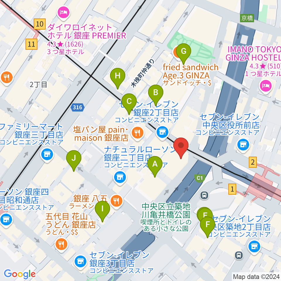 銀座ブロッサム 中央会館周辺のカフェ一覧地図