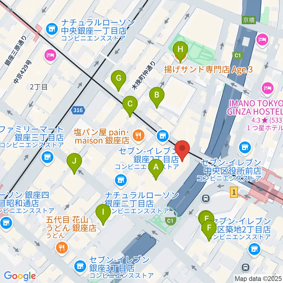 銀座ブロッサム 中央会館周辺のカフェ一覧地図