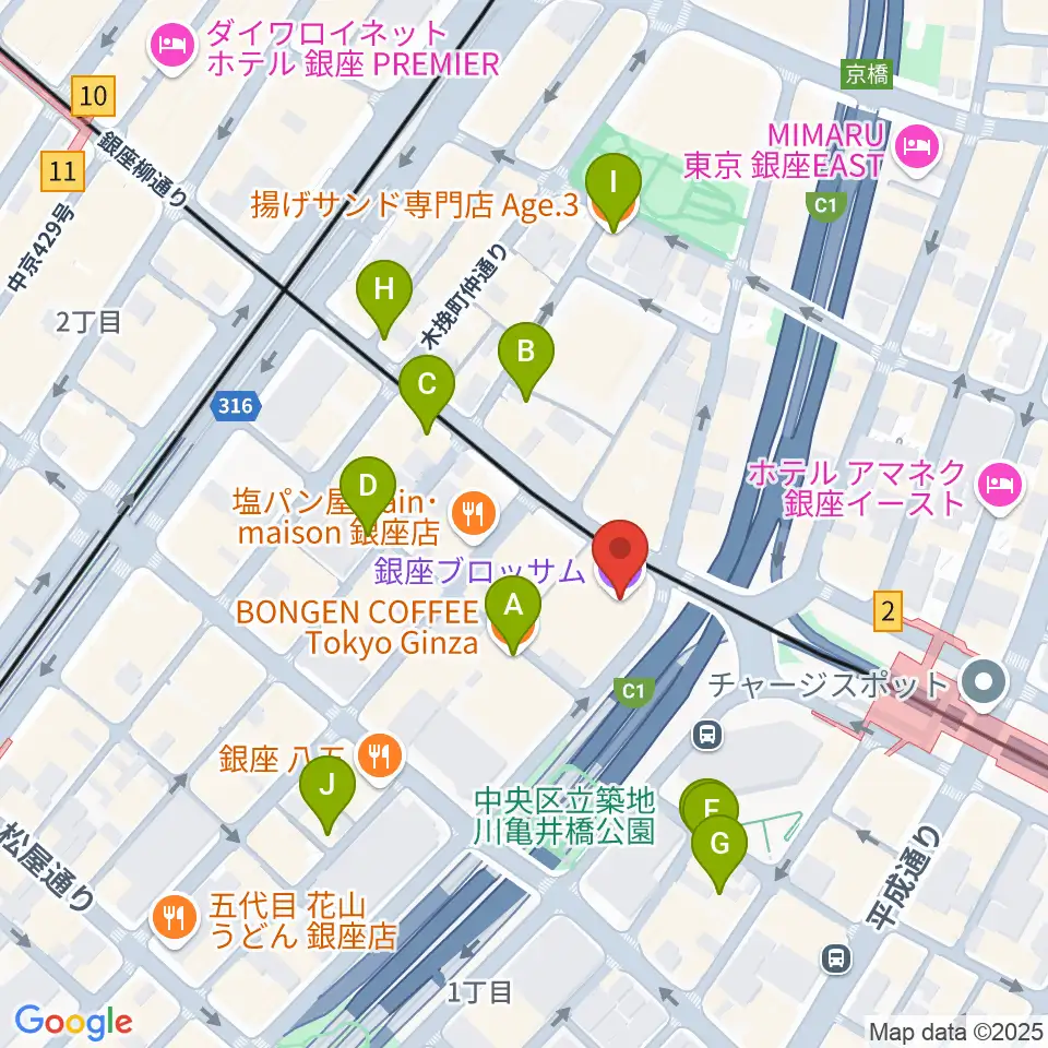 銀座ブロッサム 中央会館周辺のカフェ一覧地図