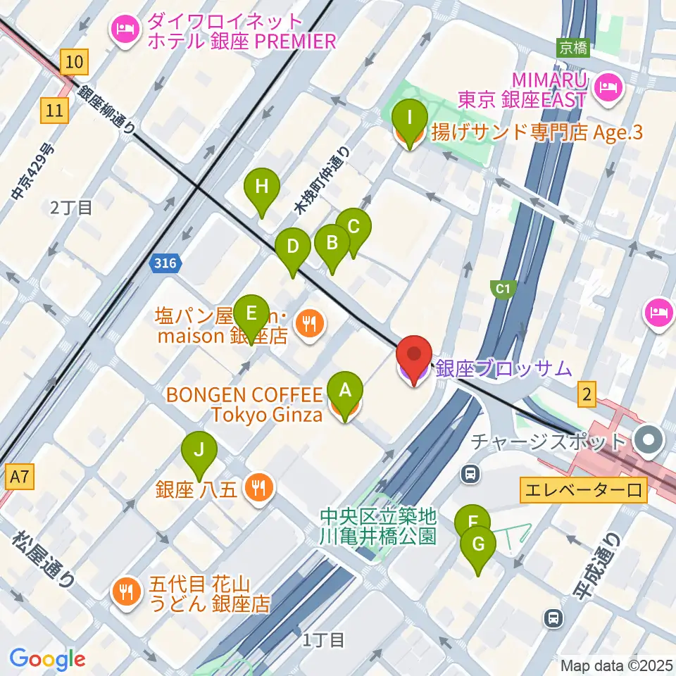銀座ブロッサム 中央会館周辺のカフェ一覧地図