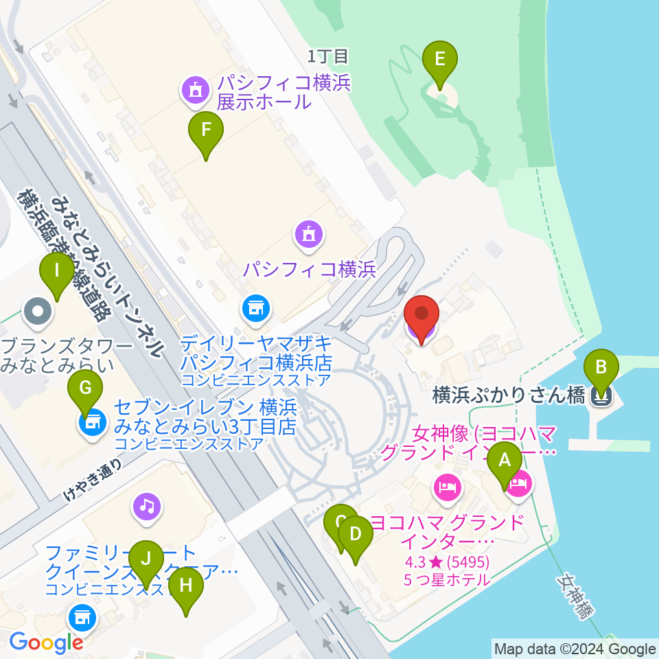 パシフィコ横浜 国立大ホール周辺のカフェ一覧地図