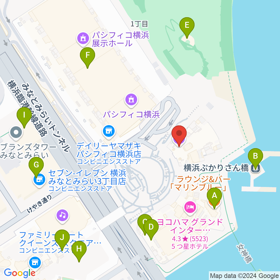 パシフィコ横浜 国立大ホール周辺のカフェ一覧地図