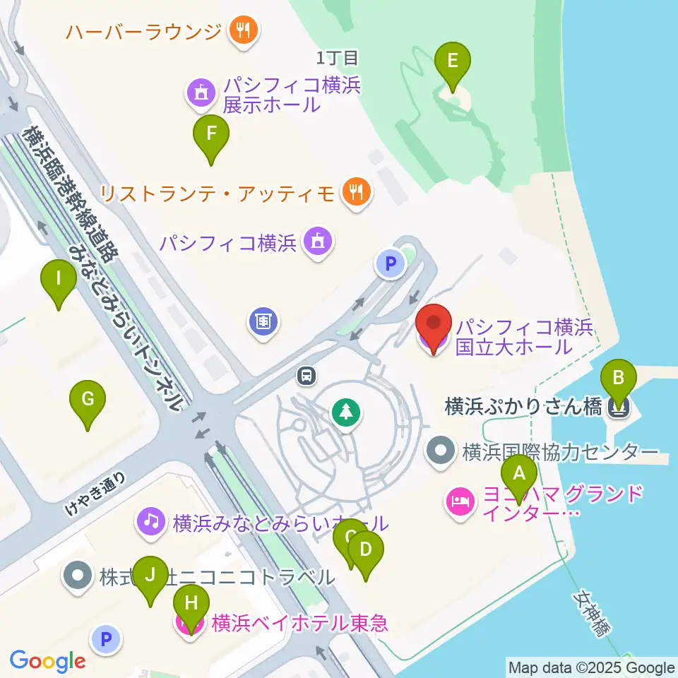 パシフィコ横浜 国立大ホール周辺のカフェ一覧地図