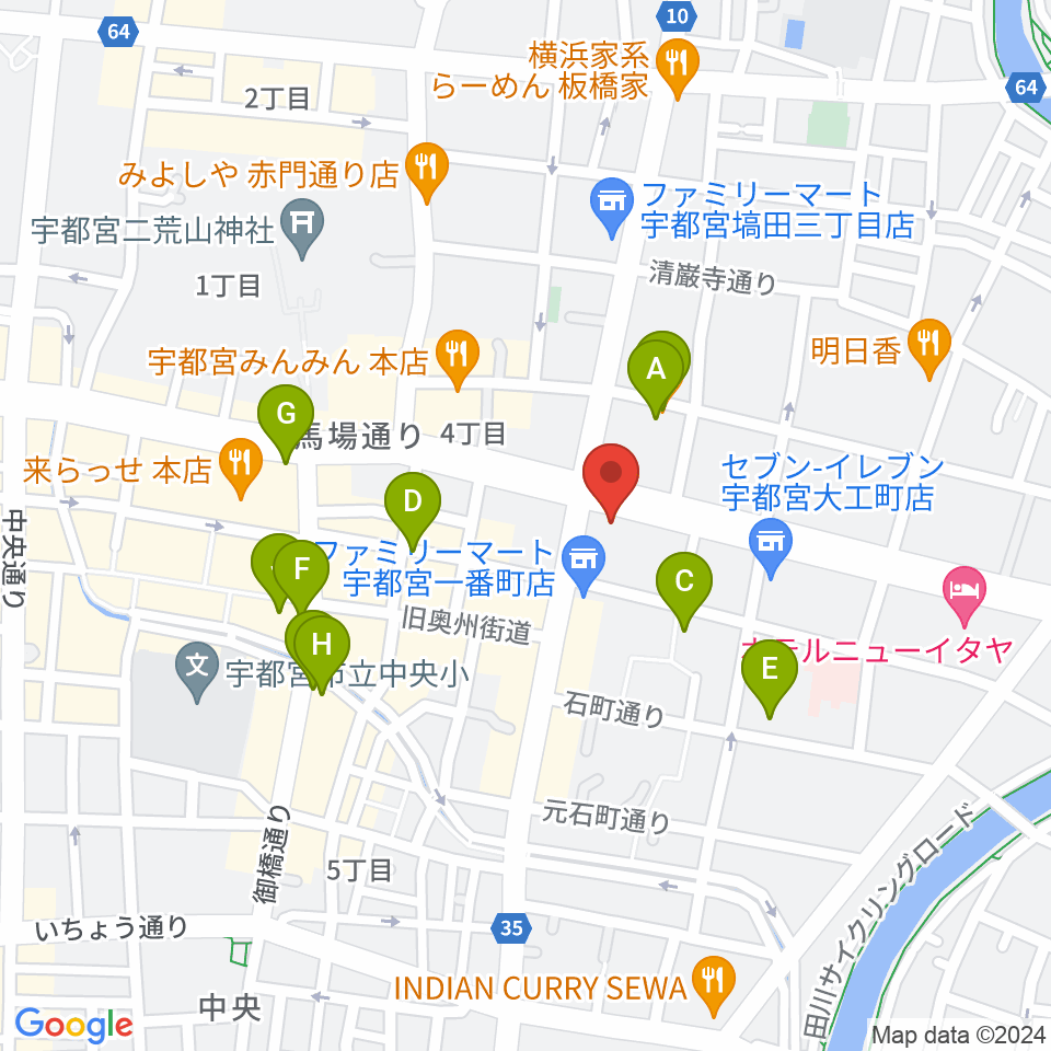 ブロンコ宇都宮周辺のカフェ一覧地図