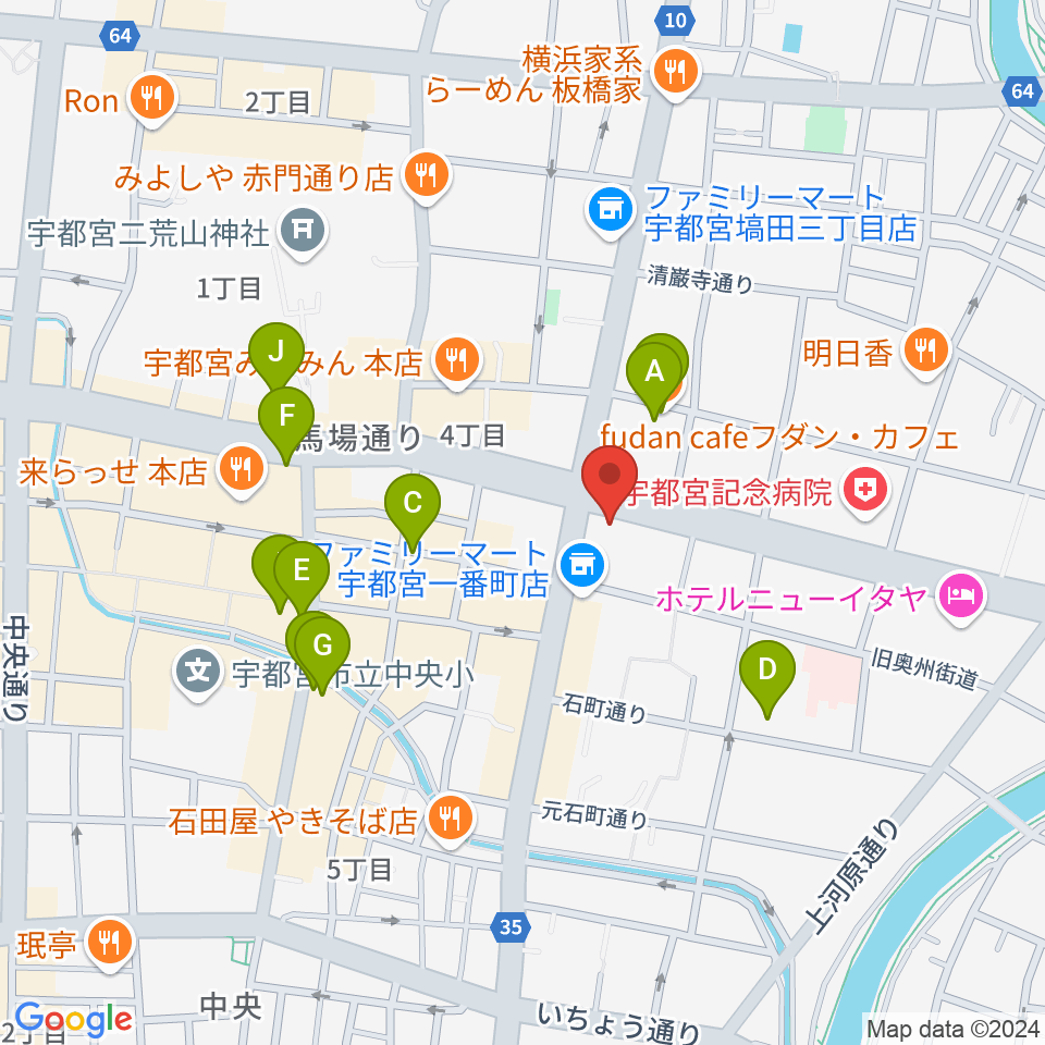 ブロンコ宇都宮周辺のカフェ一覧地図