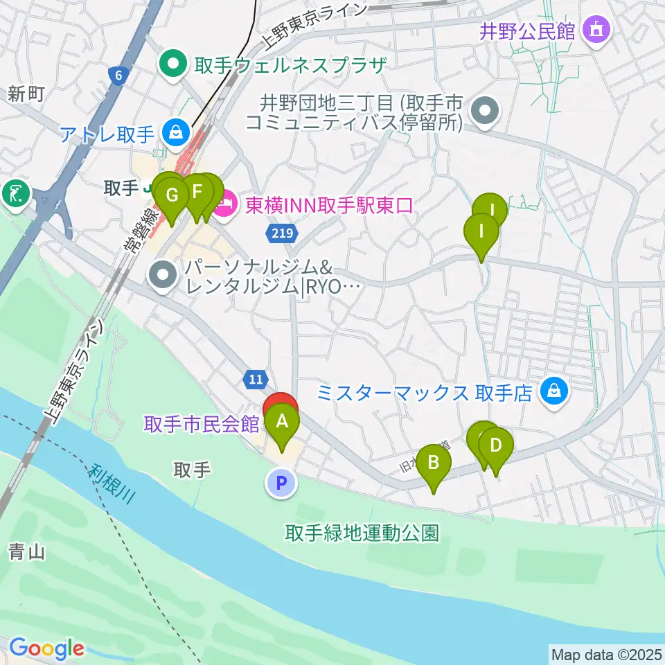 取手市民会館周辺のカフェ一覧地図