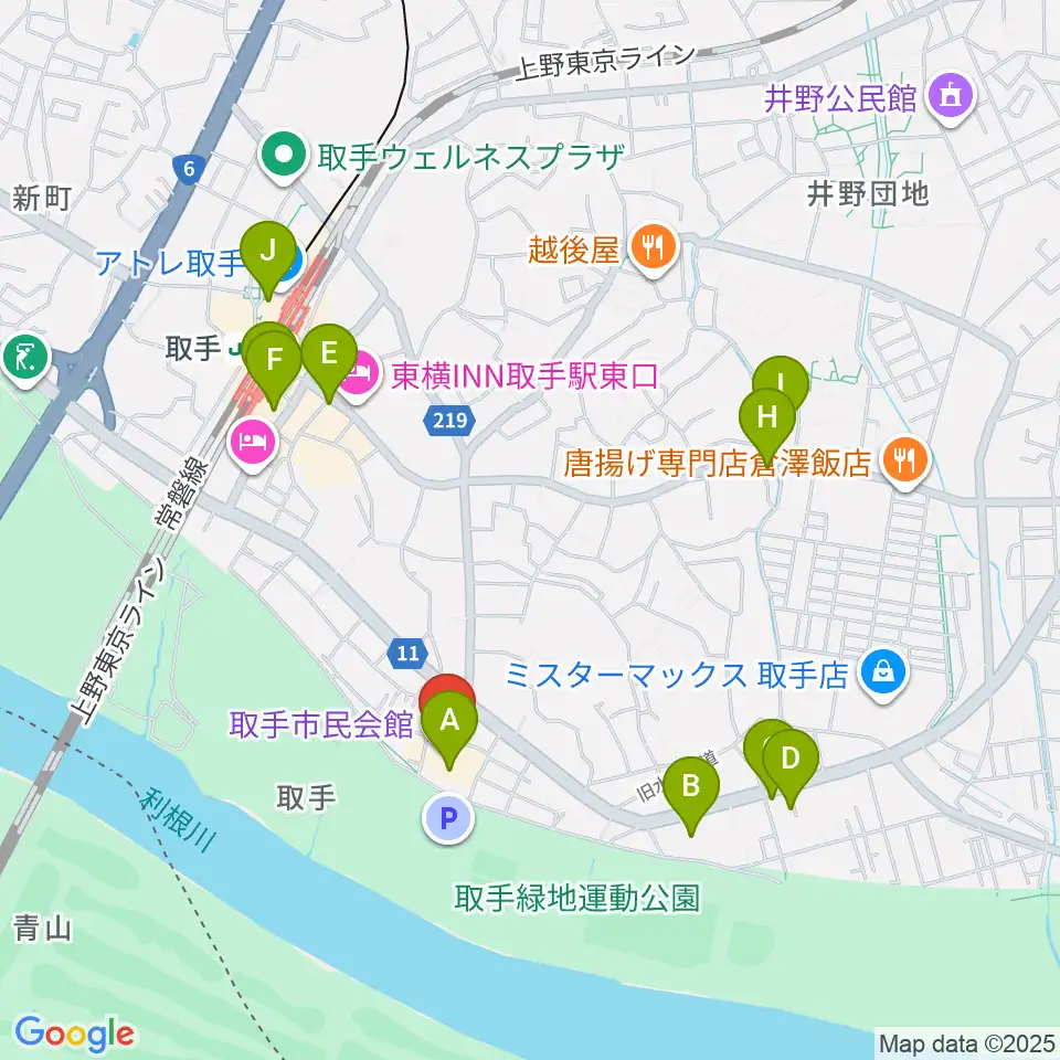 取手市民会館周辺のカフェ一覧地図