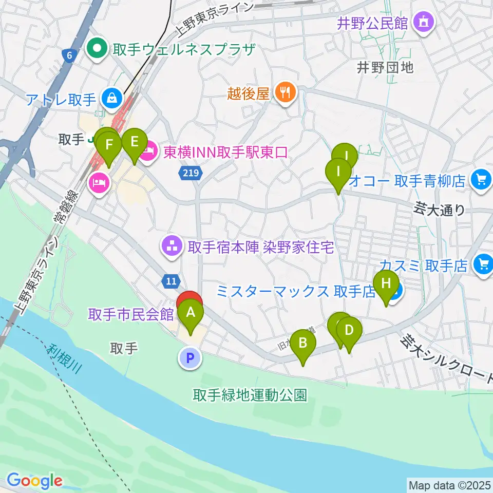 取手市民会館周辺のカフェ一覧地図
