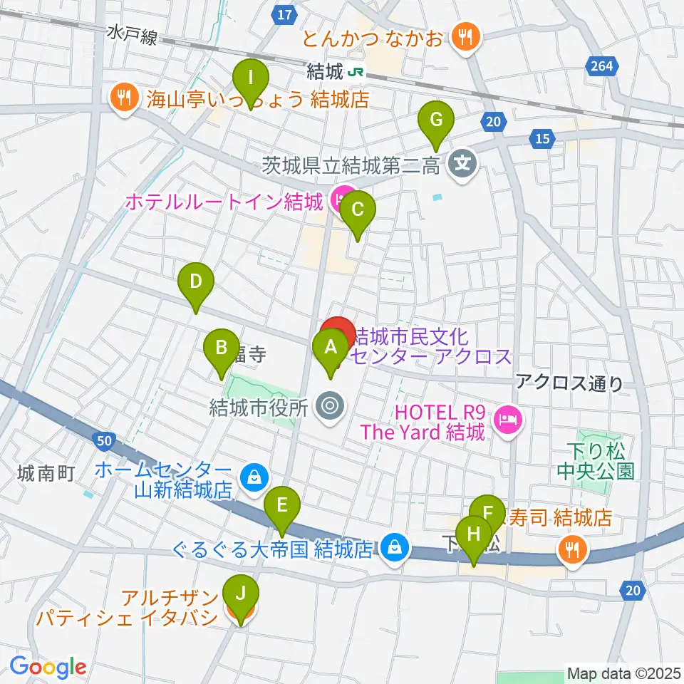 結城市民文化センターアクロス周辺のカフェ一覧地図