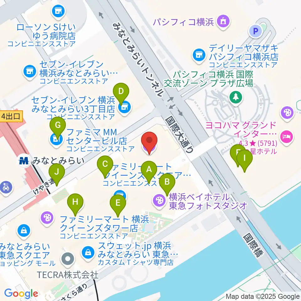横浜みなとみらいホール周辺のカフェ一覧地図