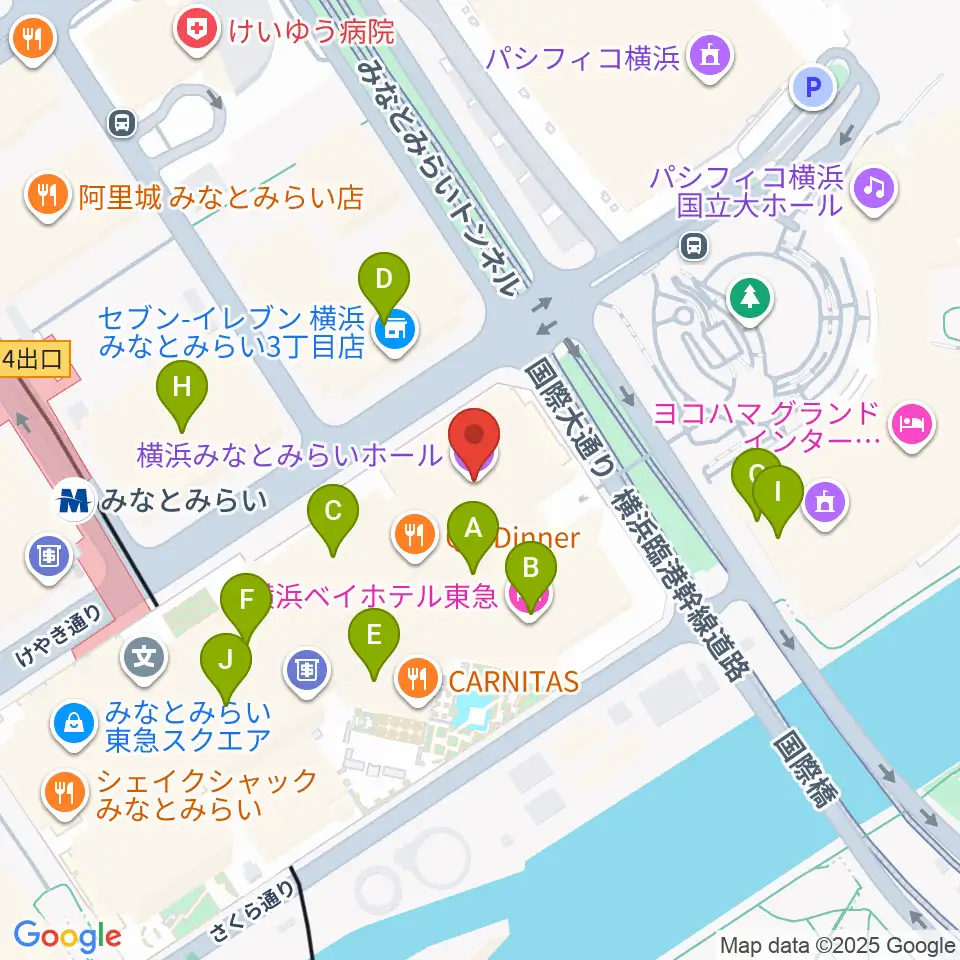 横浜みなとみらいホール周辺のカフェ一覧地図