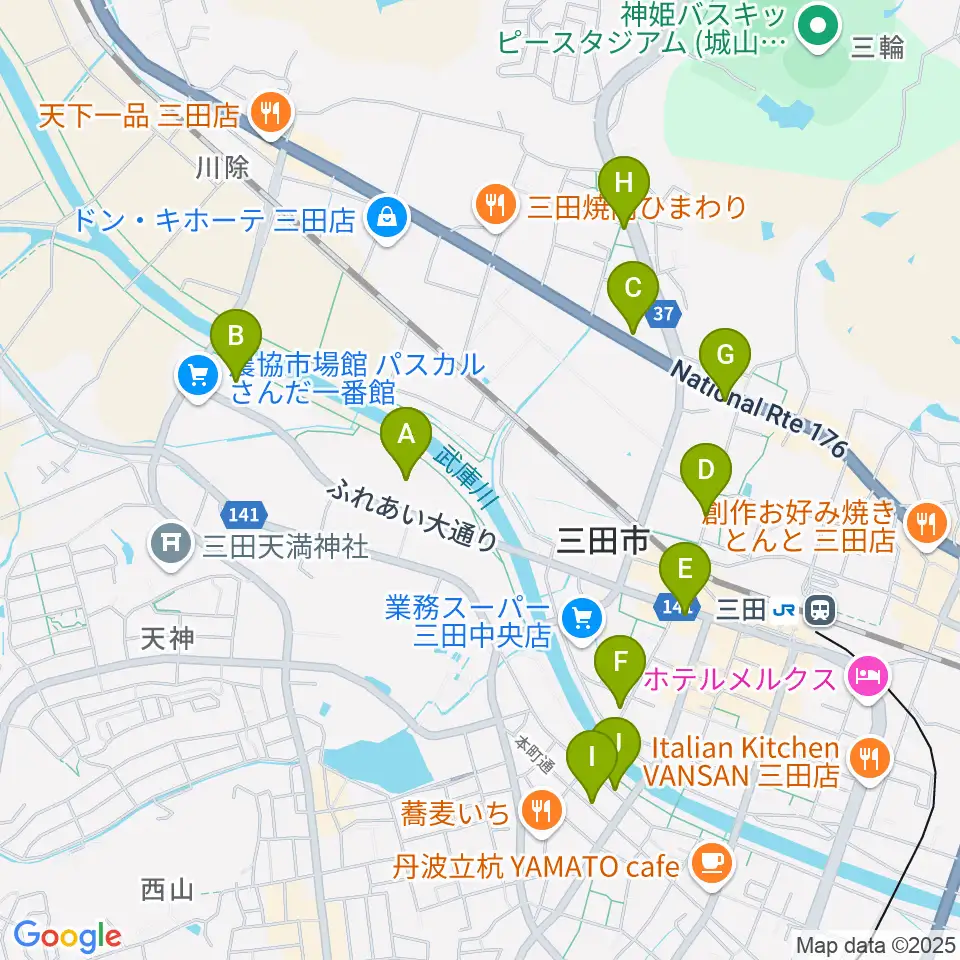 郷の音ホール周辺のカフェ一覧地図