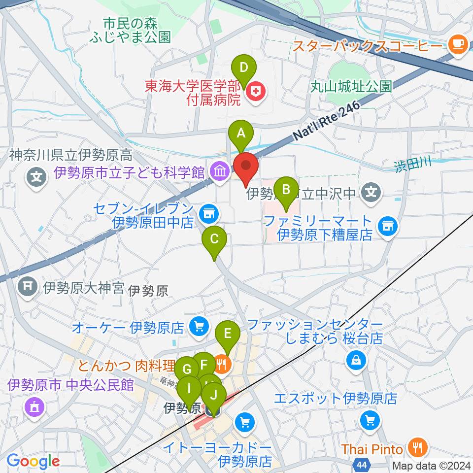 伊勢原市民文化会館周辺のカフェ一覧地図