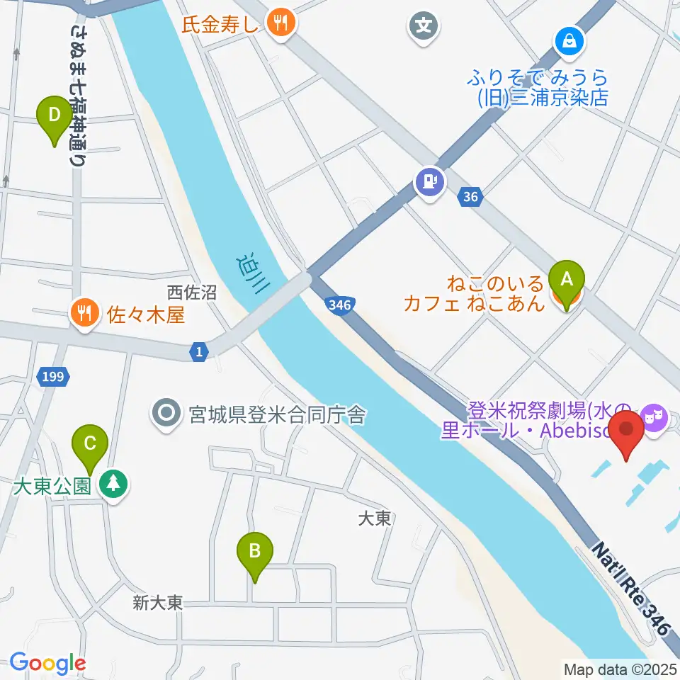 登米祝祭劇場 水の里ホール・Abebisou周辺のカフェ一覧地図