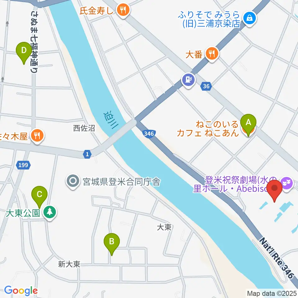 登米祝祭劇場 水の里ホール・Abebisou周辺のカフェ一覧地図