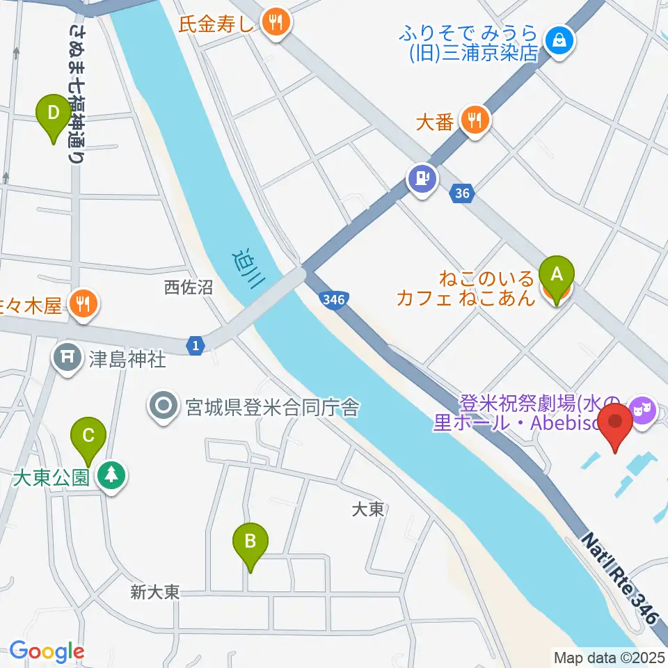 登米祝祭劇場 水の里ホール・Abebisou周辺のカフェ一覧地図