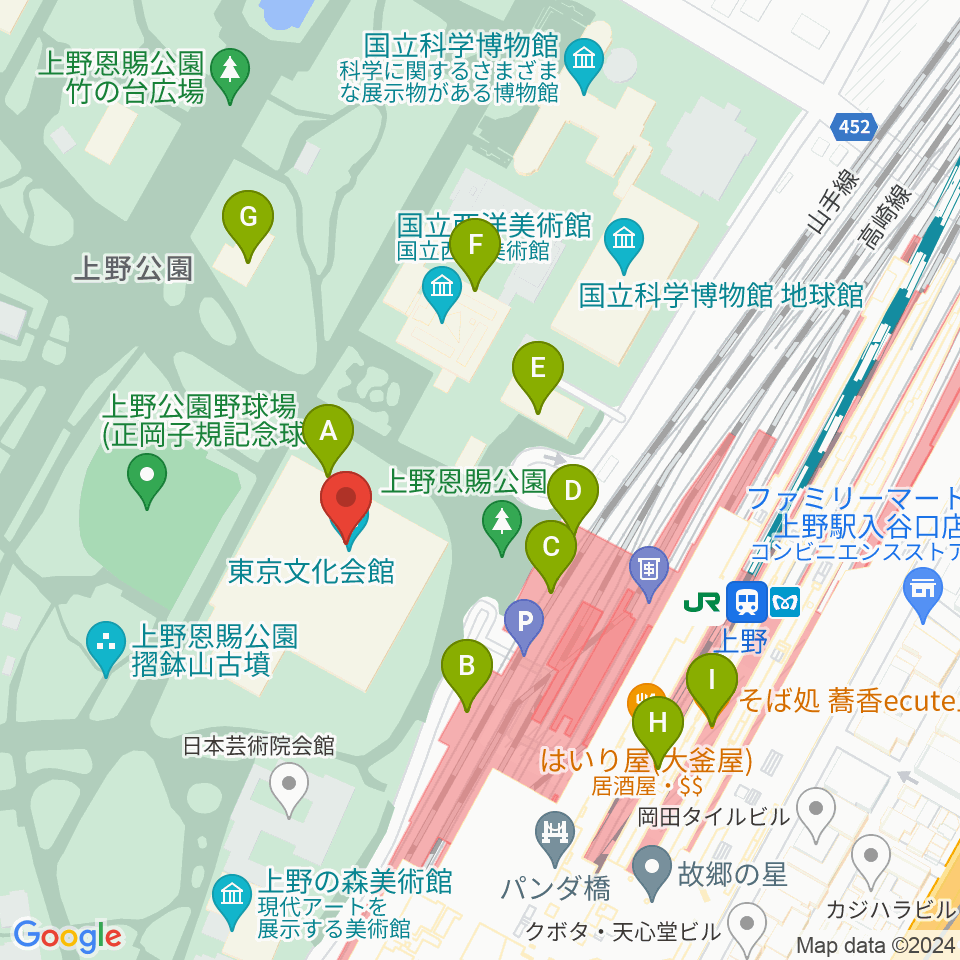 東京文化会館周辺のカフェ一覧地図