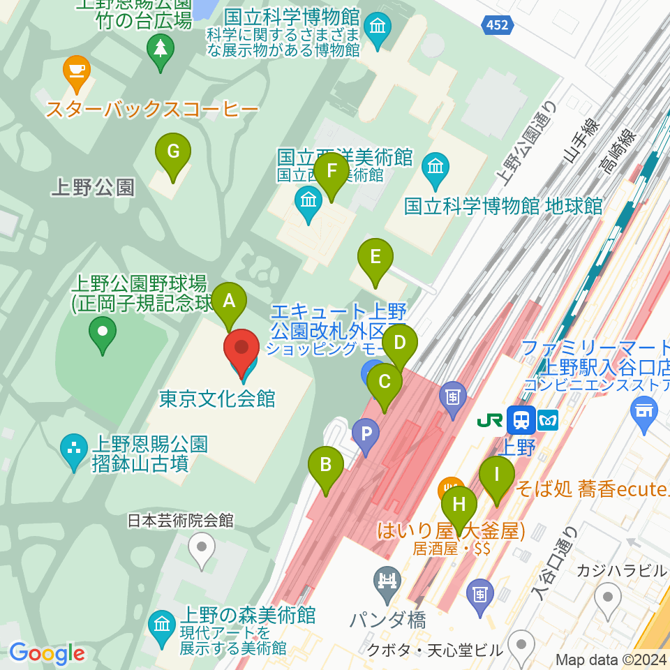 東京文化会館周辺のカフェ一覧地図