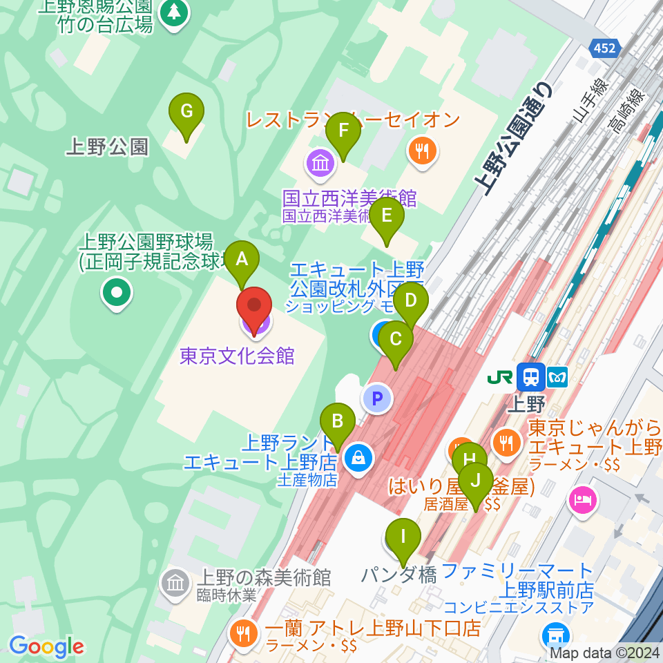 東京文化会館周辺のカフェ一覧地図