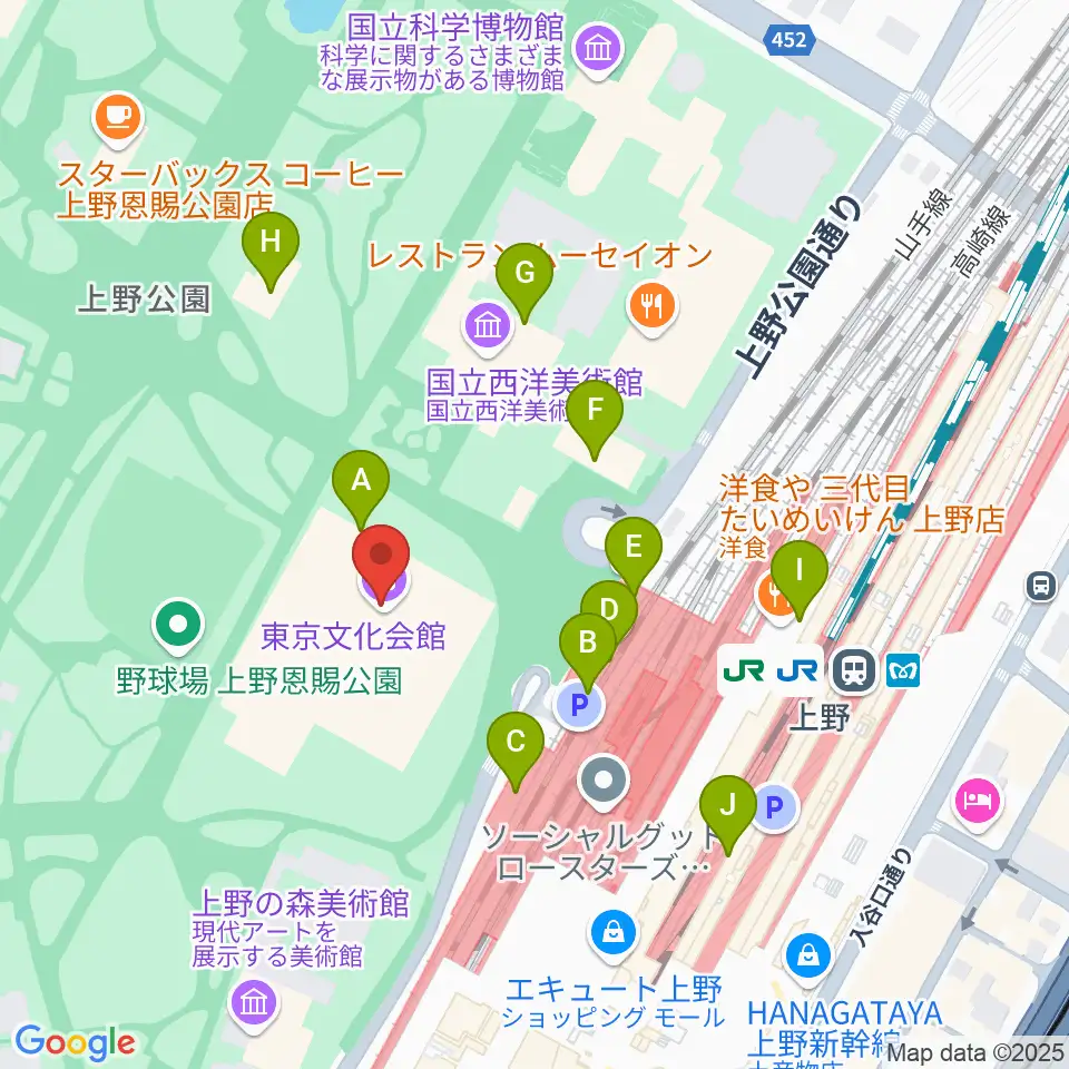 東京文化会館周辺のカフェ一覧地図