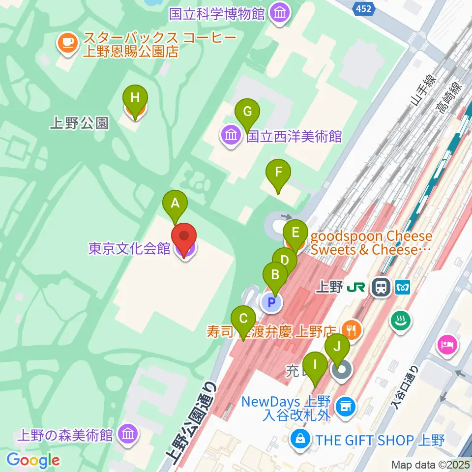 東京文化会館周辺のカフェ一覧地図