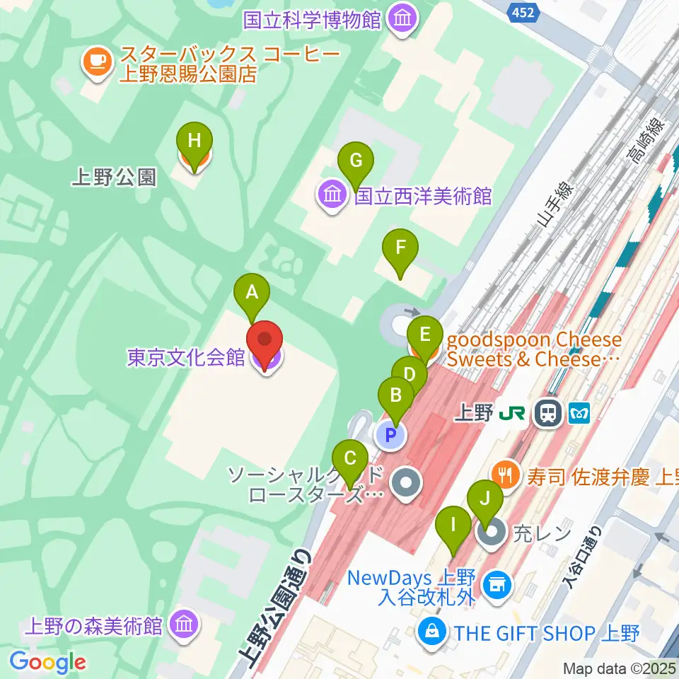 東京文化会館周辺のカフェ一覧地図
