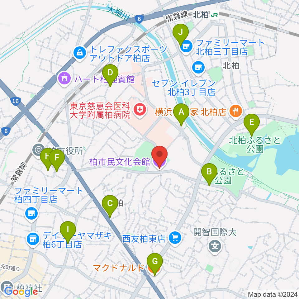 柏市民文化会館周辺のカフェ一覧地図