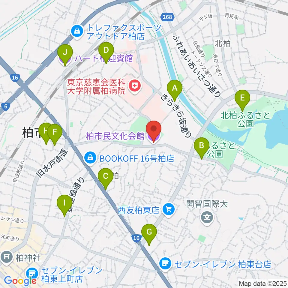 柏市民文化会館周辺のカフェ一覧地図
